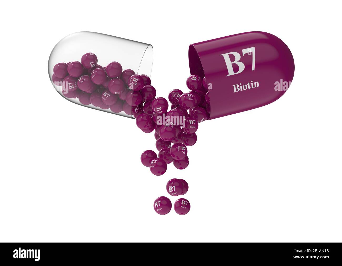 Ouvrir la capsule de b7 biotine à partir de laquelle la composition en vitamines est versée. Illustration du rendu médical 3D Banque D'Images