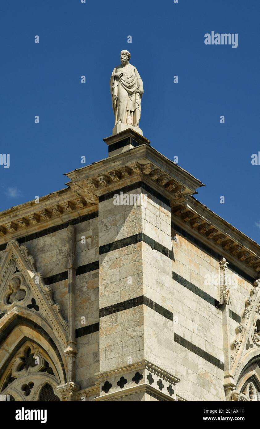 Une statue d'un saint au sommet d'un coin de la cathédrale de Sienne, construite au XIIIe siècle dans le style roman-gothique, Toscane, Italie Banque D'Images