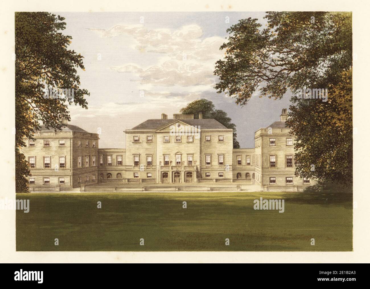 Nuneham Park, Berkshire, Angleterre. Villa de style palladien construite en 1756 pour Simon Harcourt, IST Earl Harcourt, avec des intérieurs de James Stuart et des jardins paysagés par Lancelot Capability Brown. Bloc de bois coloré par Benjamin Fawcett dans le processus Baxter d’une illustration par Alexander Francis Lydon du révérend Francis Orpen Morris, vues pittoresques des sièges de nobles et de messieurs de Grande-Bretagne et d’Irlande, William Mackenzie, Londres, 1880. Banque D'Images