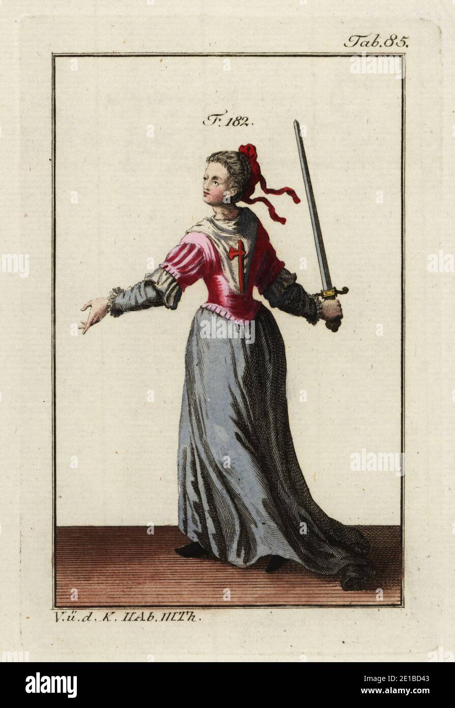 Dame de l'ordre de l'axe, ordre militaire féminin espagnol fondé à Aragon par Raymond Berenger, comte de Barcelone. Dans des robes de cérémonie avec l'emblème d'une hache de bataille écarlate sur son corset, tenant une épée. Copie d’une illustration de Christoph Weigel dans Ritter-Ordern de Philipp Bonanni, 1728. Gravure en coperplate de couleur main de la photo historique de Robert von Spalart des costumes du peuple principal de l'Antiquité et du Moyen-âge, Vienne, 1802. Banque D'Images