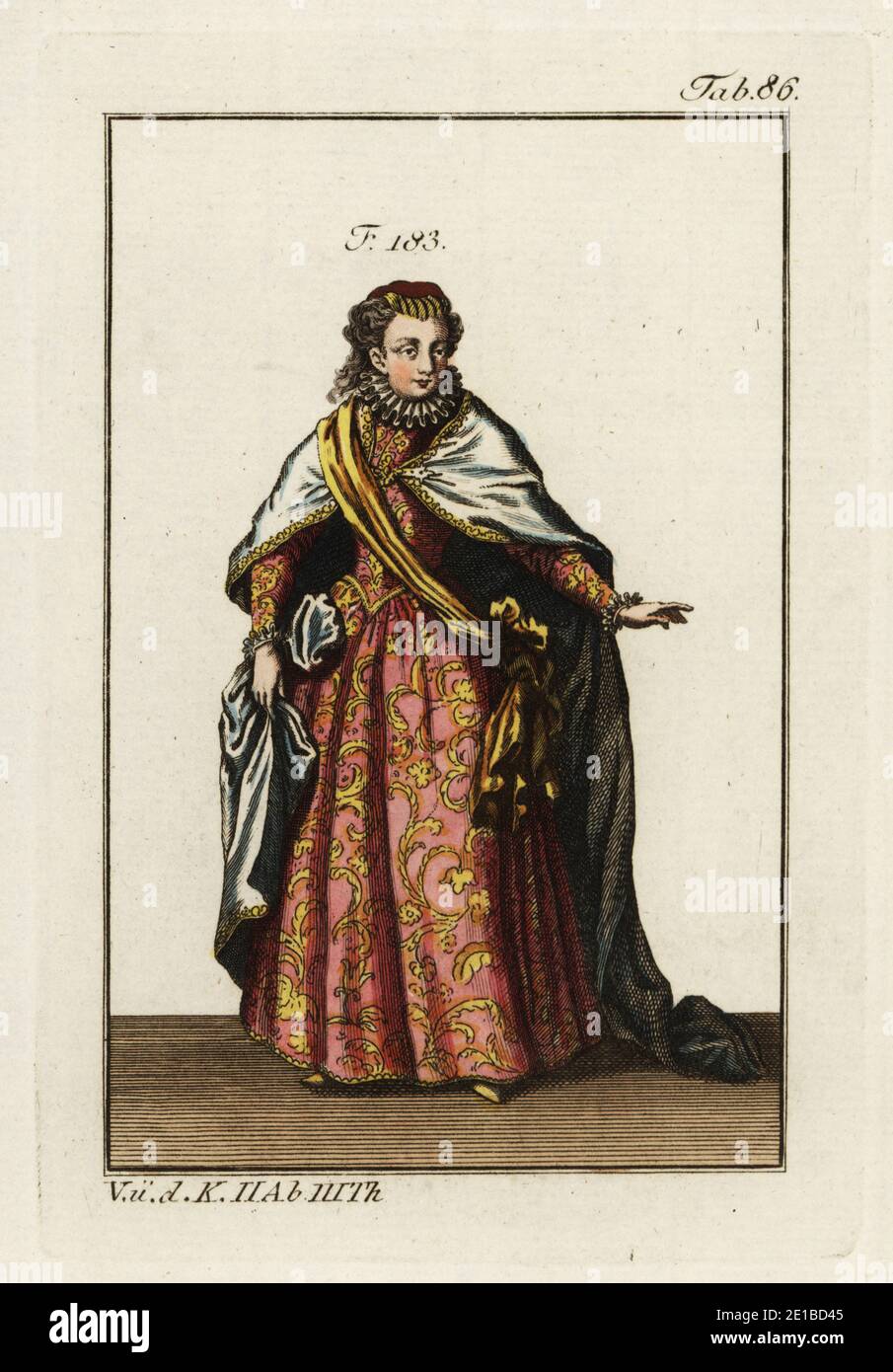Dame de l'ordre de l'écharpe. Il a été établi par Jean I, roi de Castille, en 1390 pour immortaliser le rôle des femmes de Placentia qui ont contribué à lever le siège de leur ville par les Anglais. Elle fut ensuite unie à l'ordre de la Sash (ordre de la Bande). La femme porte le foulard en or caractéristique de l'ordre sur ses robes. Copie d’une illustration de Christoph Weigel dans Ritter-Ordern de Philipp Bonanni, 1728. Gravure en coperplate de couleur main de la photo historique de Robert von Spalart des costumes du peuple principal de l'Antiquité et du Moyen-âge, Vienne, 1802. Banque D'Images