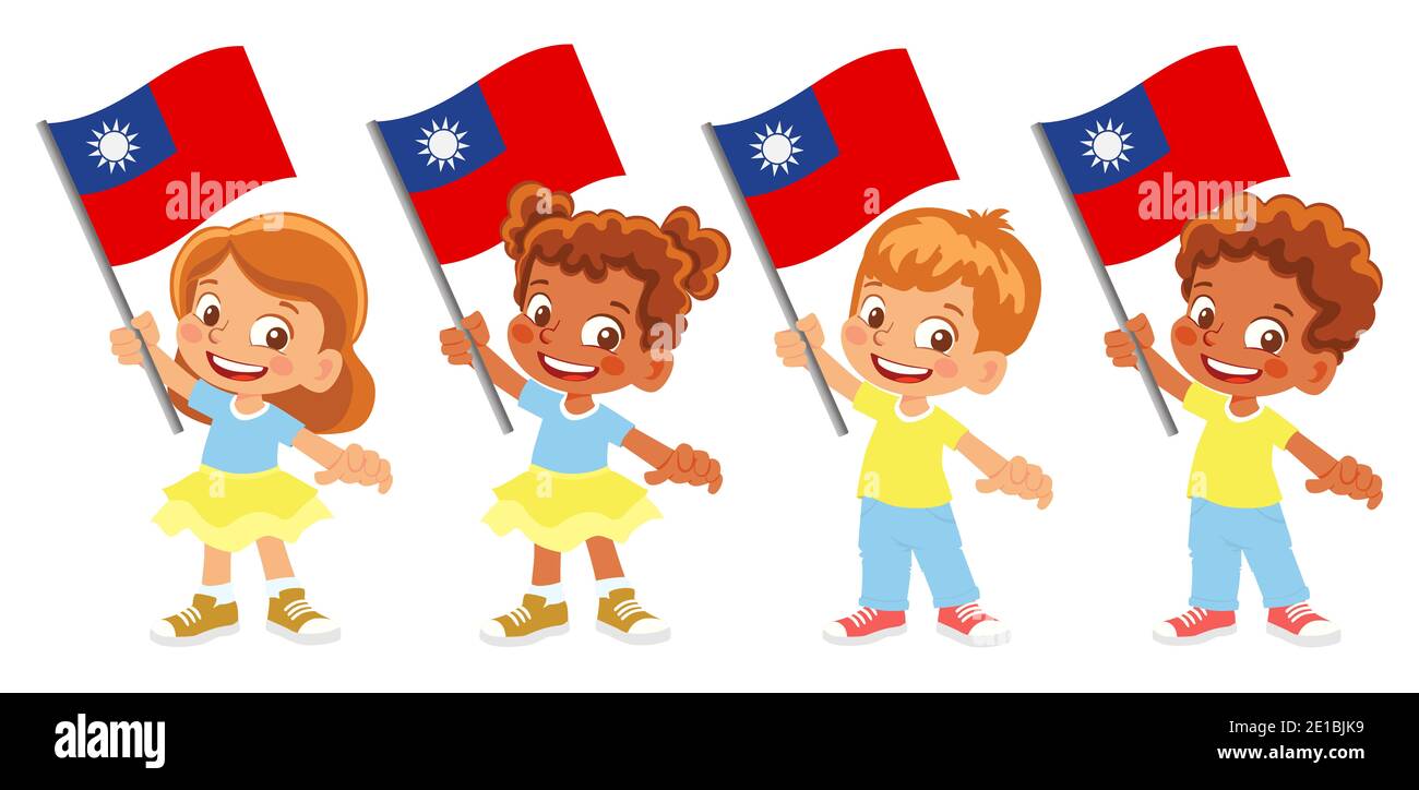 Drapeau de Taïwan en main. Drapeau de retenue des enfants. Drapeau national de Taïwan Banque D'Images