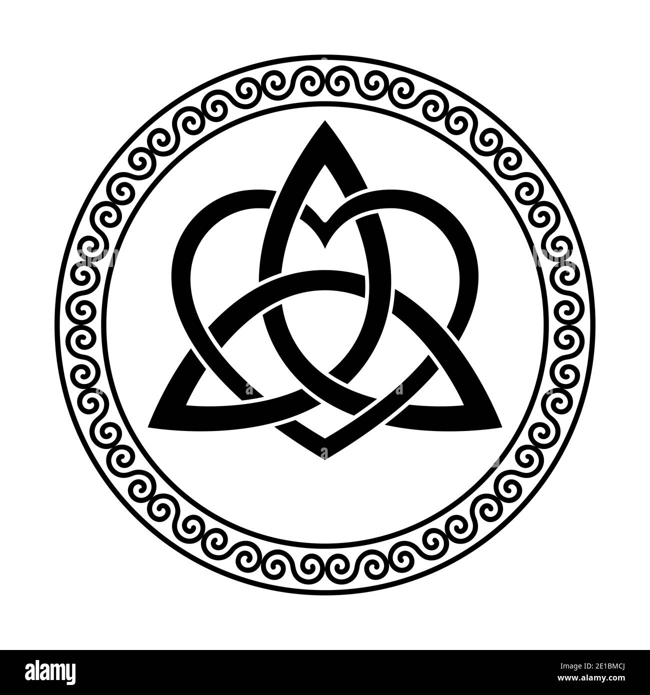 Triquetra avec symbole de coeur, dans un cadre circulaire en spirale. Nœud celtique, figure triangulaire, utilisé dans l'ornementation chrétienne ancienne. Banque D'Images