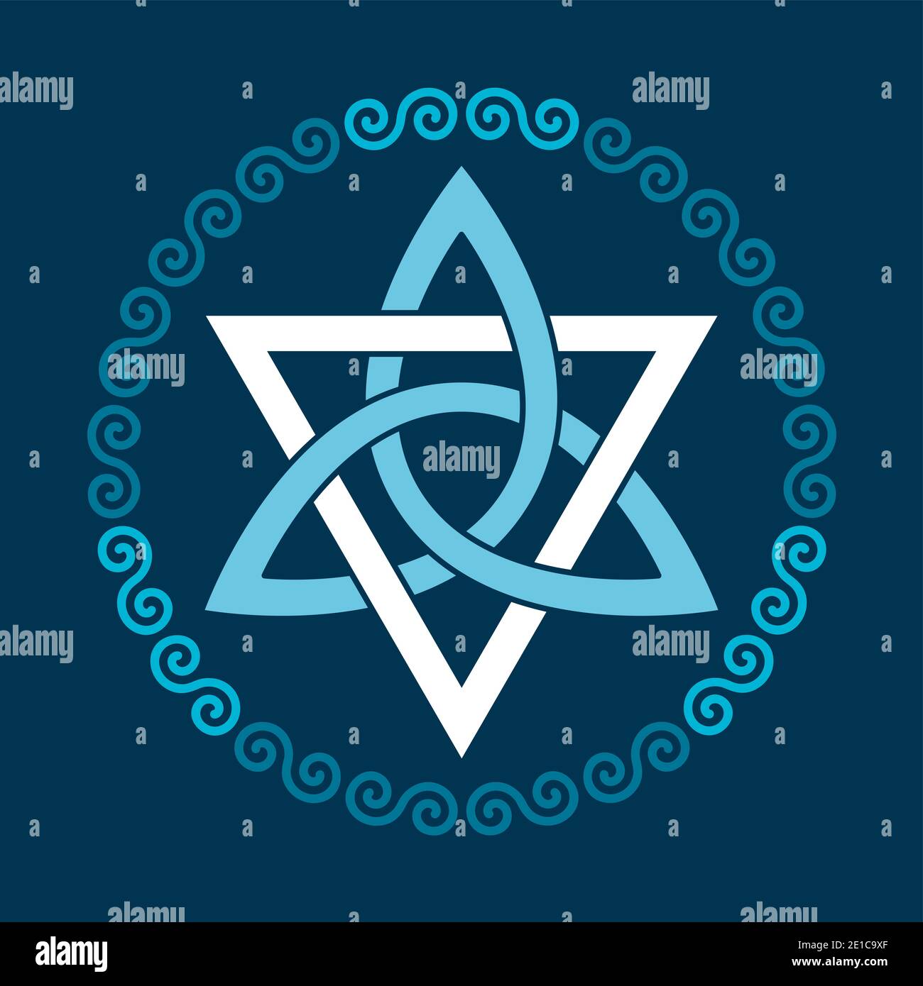 Triquetra coloré avec triangle, dans un cadre circulaire en spirale. Nœud celtique triangulaire, une figure utilisée dans l'ornementation chrétienne ancienne. Banque D'Images