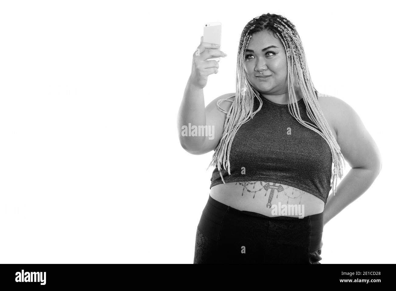 Portrait de jeune femme asiatique gras prendre photo selfies with mobile phone Banque D'Images