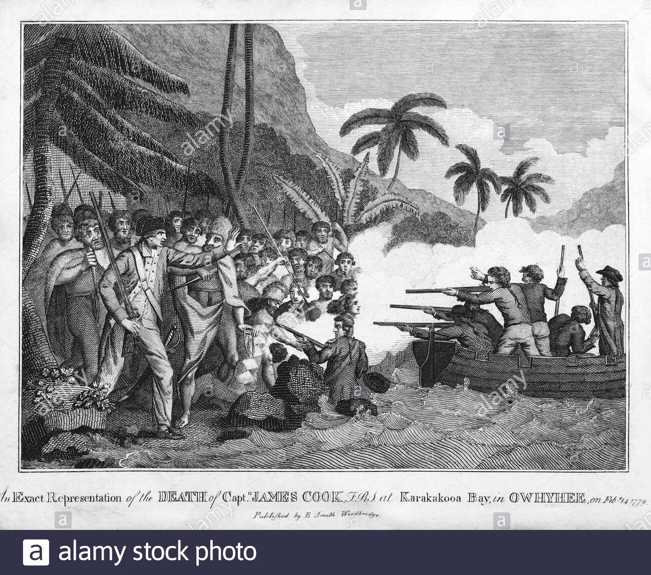 Représentation de la mort de l'explorateur britannique Capitaine James Cook à Kealakekua Bay Hawaii, le 14 février 1779, illustration ancienne du XIXe siècle Banque D'Images