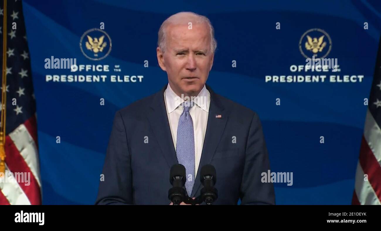 ÉTATS-UNIS. 06e janvier 2021. Une capture d'écran du président élu Joe Biden s'adressant à la nation après que les manifestants ont entré dans le bâtiment du Capitole lors d'une session conjointe du Congrès à Washington, DC, le mercredi 6 janvier 2021. La session conjointe de la Chambre et du Sénat a été convoquée pour confirmer les votes du Collège électoral exprimés lors des élections de novembre. (Photo de Biden-Harris transition/Sipa USA) USAGE ÉDITORIAL SEULEMENT **CRÉDIT OBLIGATOIRE** crédit: SIPA USA/Alay Live News Banque D'Images