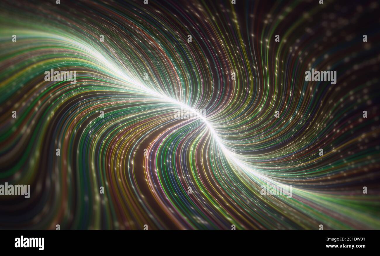 Arrière-plan abstrait de lignes colorées avec des points lumineux. Illustration 3D. Banque D'Images