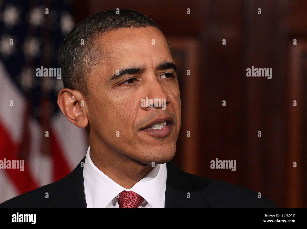 Le président américain Barack Obama parle de la décision du président égyptien Hosni Moubarak de ne pas demander un autre mandat de président égyptien, à la Maison Blanche à Washington, DC le 01 février 2011. Plus tôt aujourd'hui, le président égyptien Hosni Moubarak a annoncé qu'il ne chercherait pas à se réélire après qu'un million de personnes se soient ralliées à l'Egypte pour appeler Moubarak à abandonner le pouvoir. Photo de Mark Wilson/Pool/ABACAPRESS.COM Banque D'Images