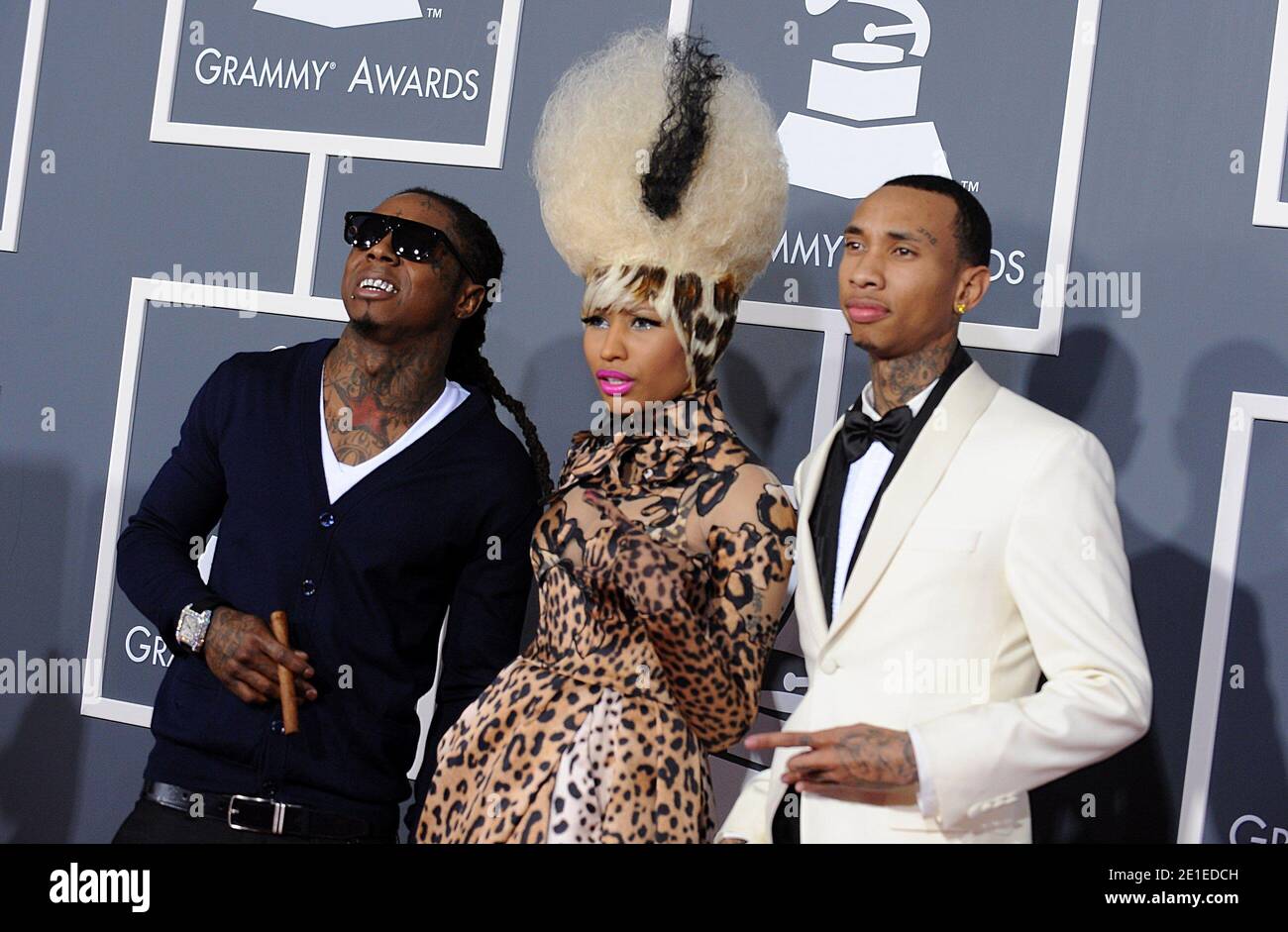 (De gauche à droite) Little Wayne, Nicki Minaj et Tyga arrivent au 53e Grammy Awards annuels qui s'est tenu au Staples Center de Los Angeles, en Californie, le 13 février 2011. Photo de Lionel Hahn/ABACAPRESS.COM Banque D'Images