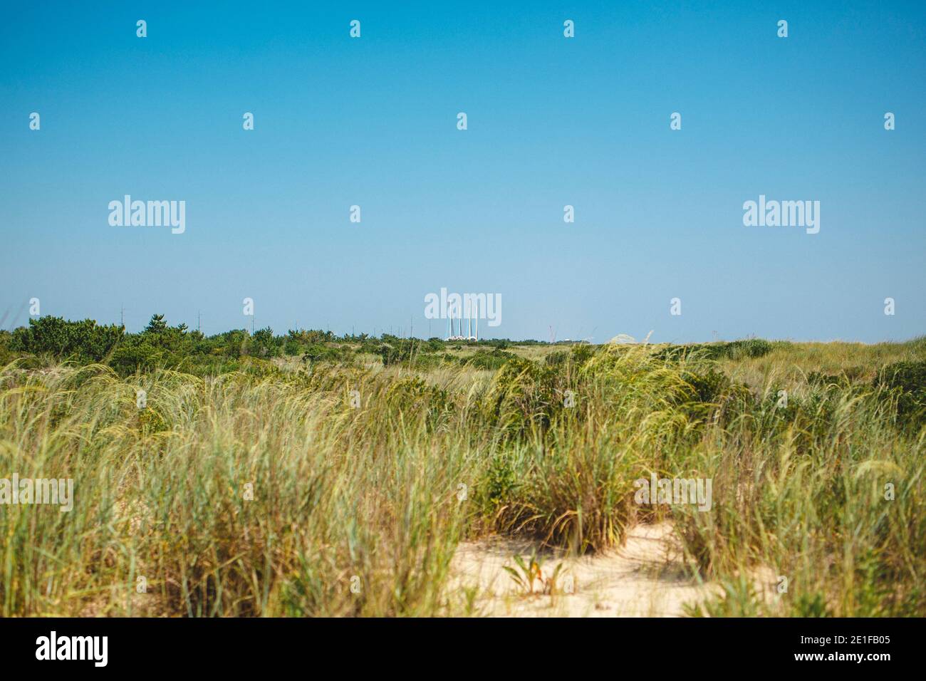 Vue sur les dunes couvertes d'herbes marines du pont de Bethany Beach Banque D'Images