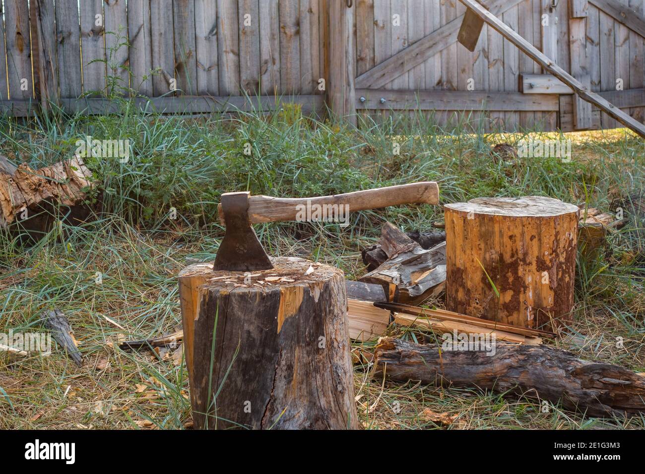 Une grande vieille hache colle d'une souche de bois sur un fond d'herbe verte et une clôture lors d'une journée ensoleillée d'été. Une hache pour hacher le bois. Banque D'Images