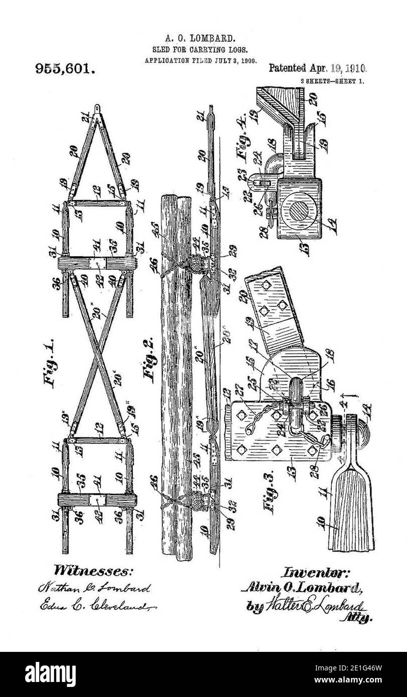 Lombard brevet US955601 traîneau pour le transport de grumes a. Banque D'Images