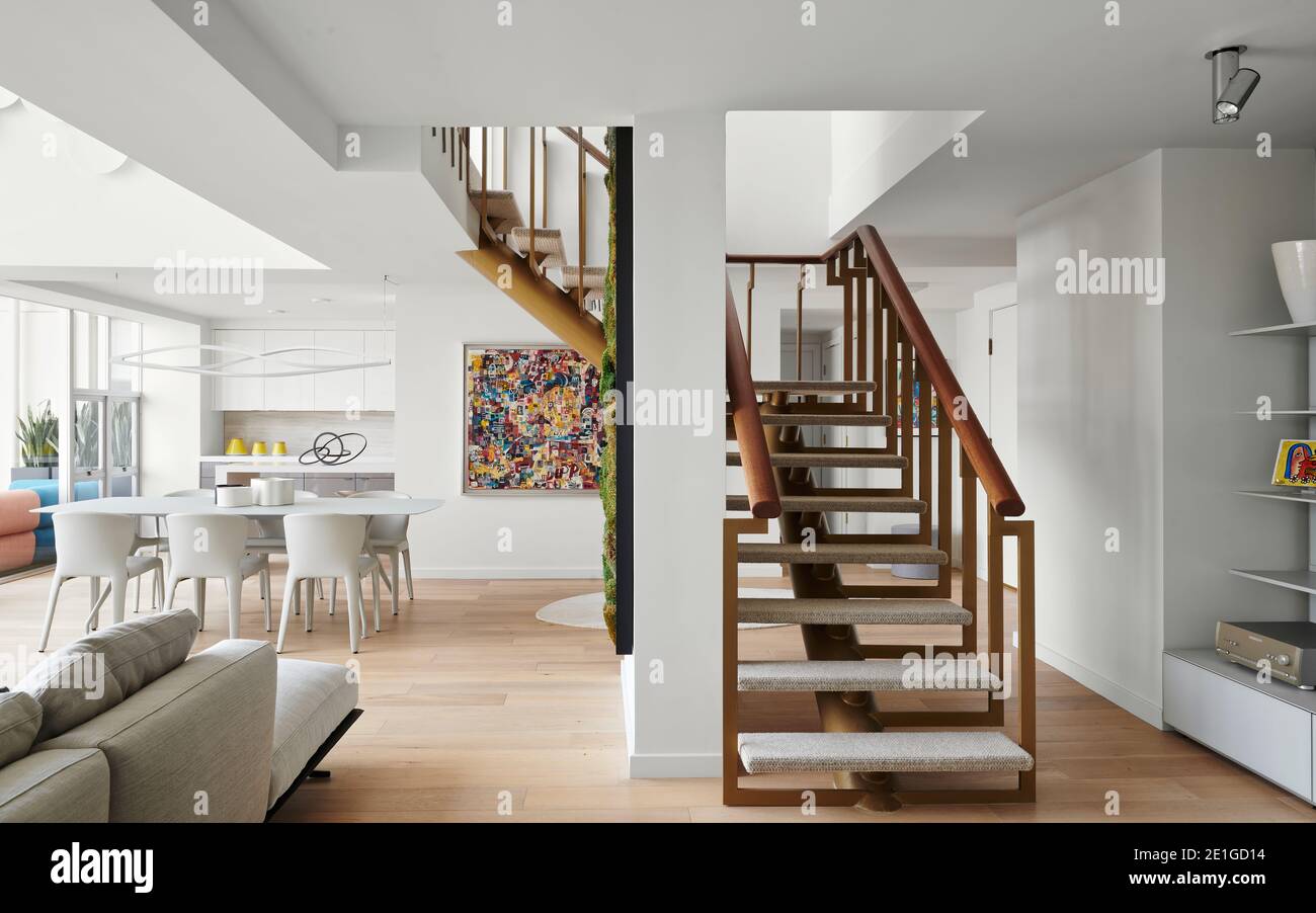 Vue intérieure d'un penthouse à San Francisco, Californie, États-Unis, réaménagé par le designer d'intérieur Isolina Mallon. Coin séjour ouvert. Banque D'Images