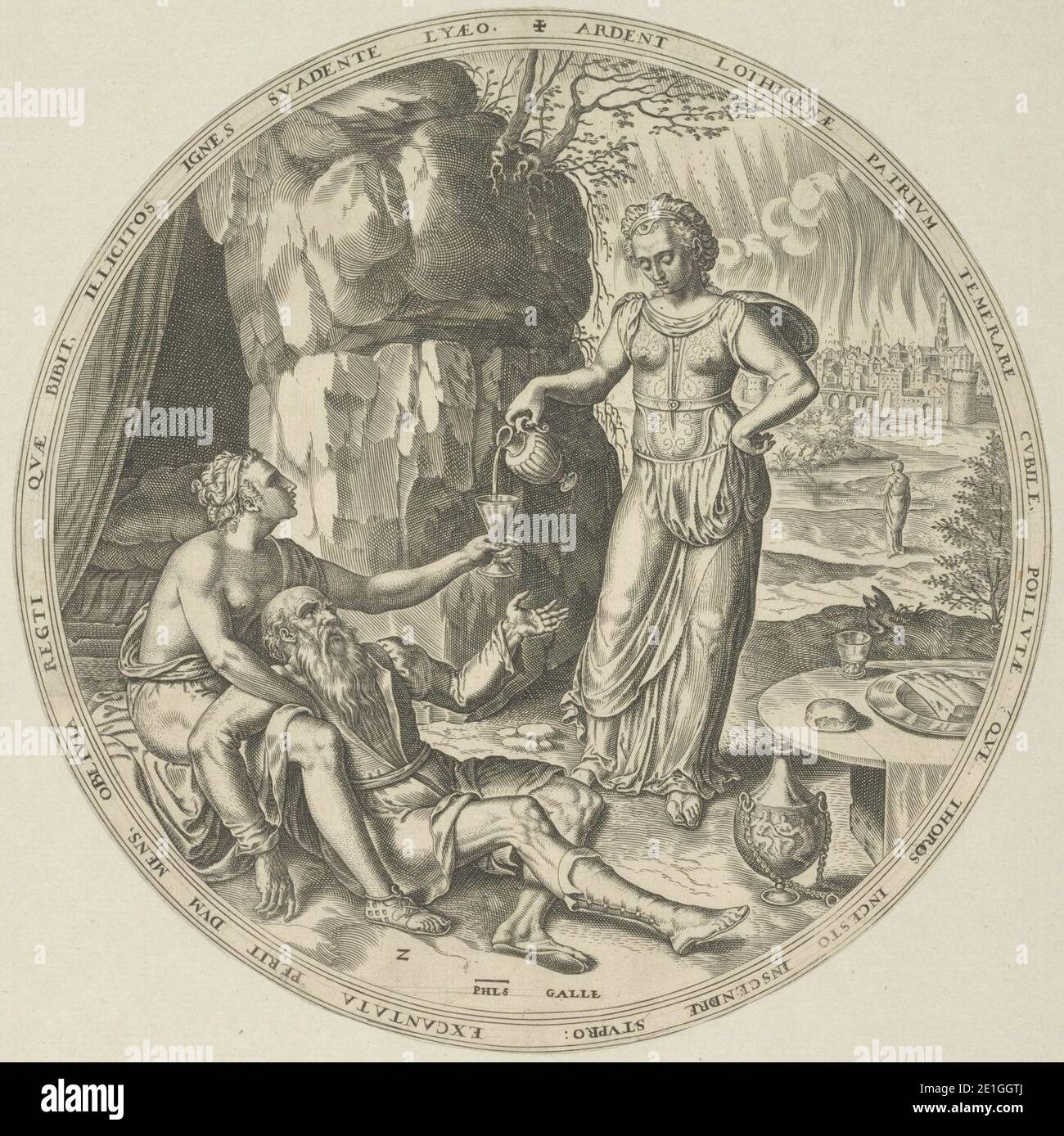 Lot ligt voor een grot, zijn dochters voeren Hem dronken porte Hem steeds meer wijn te geven. De ene dochter stunt haar vader de ander schenkt hem wijn in. De l'eau de vie de l'eau de vie, Banque D'Images