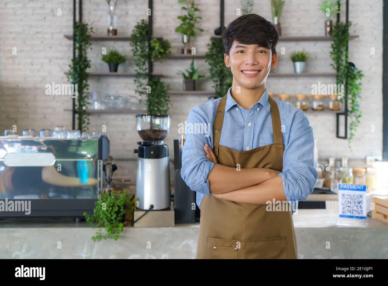Homme asiatique Barista ou propriétaire petite entreprise dans la recherche de tablier à l'appareil photo et bras croisés au café moderne Banque D'Images