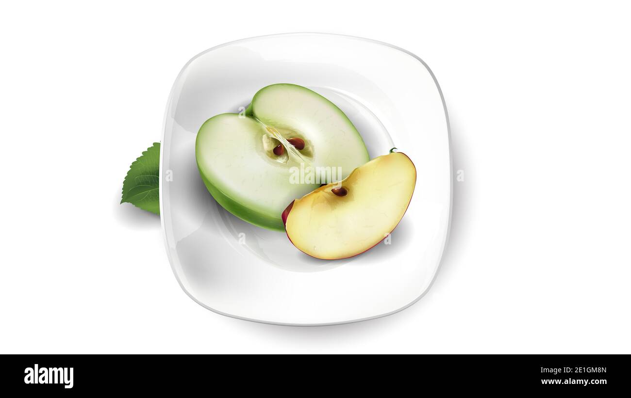 Tranches de pomme verte et rouge sur une assiette blanche. Banque D'Images