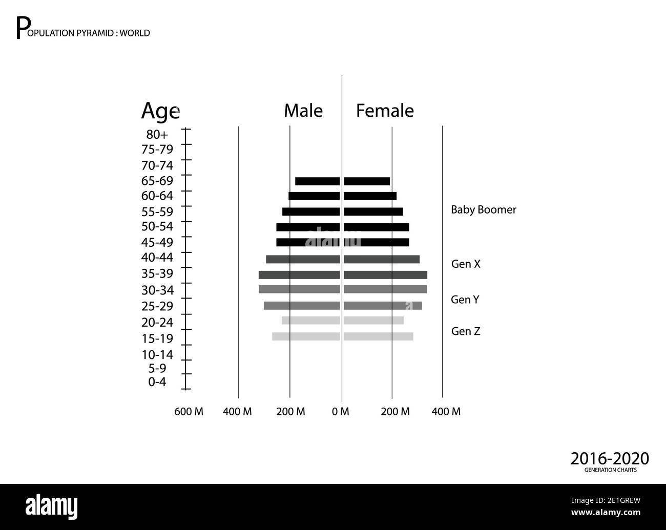 Population et démographie, graphique des pyramides de la population ou graphique de la structure par âge avec génération de baby-boomers, génération X, génération y et génération Z de 2016 à 2020. Banque D'Images