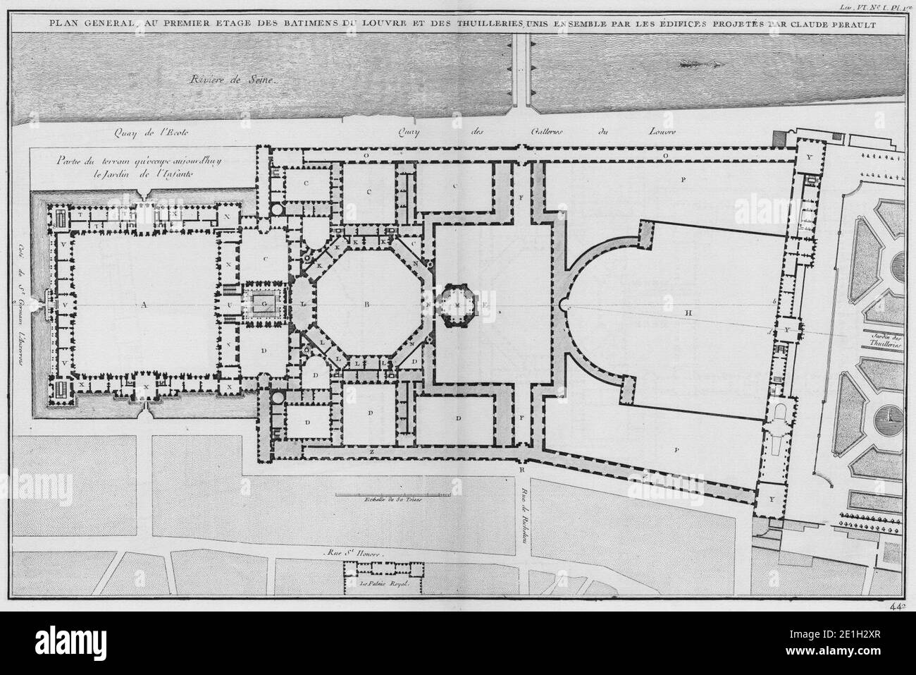Louvre et Tuileries - Plan général du premier projet de Claude Perrault - Architecture françoise Tome4 Livre6 PL1. Banque D'Images