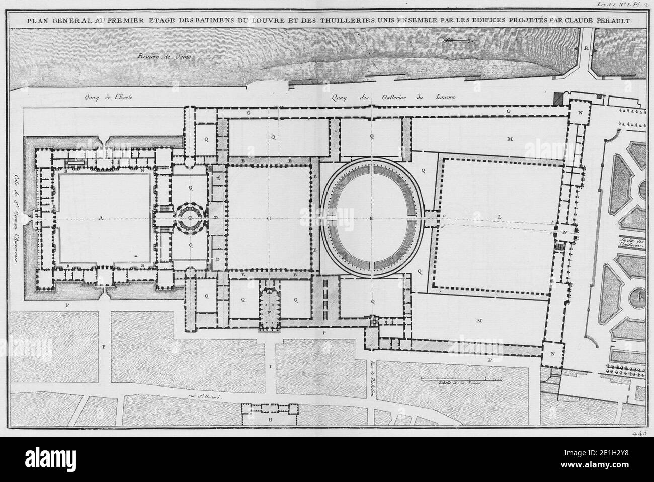 Louvre et Tuileries - Plan général suivant le deuxième projet de Claude Perrault - Architecture françoise Tome4 Livre6 PL2. Banque D'Images