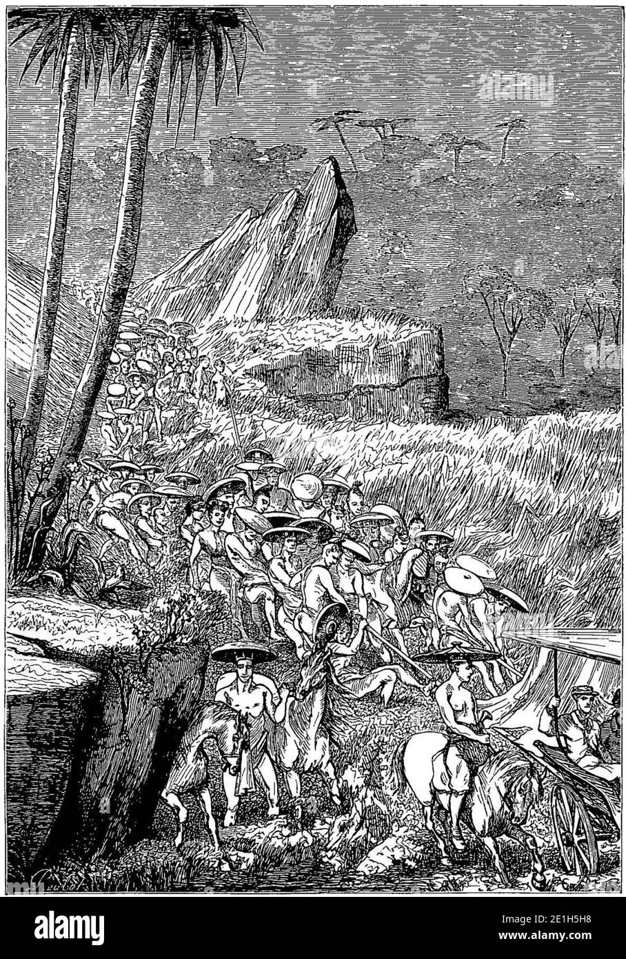 Descente de la calèche à la rive de la rivière dans une autoroute près de Bandung, 1866. Banque D'Images