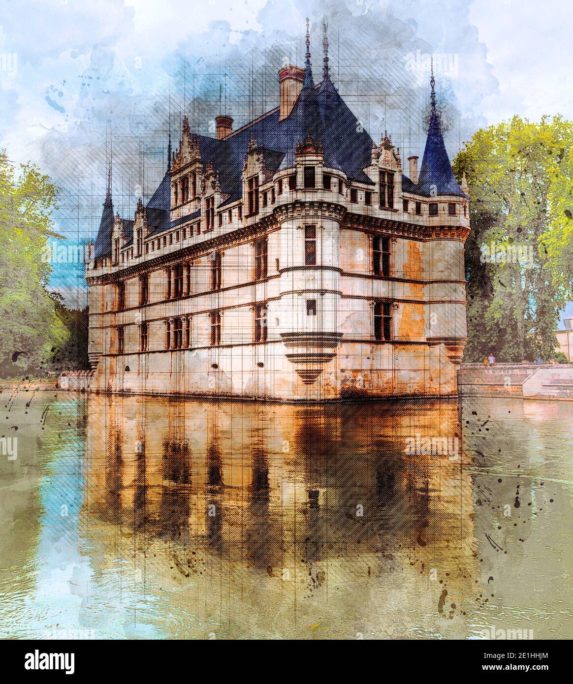 Château médiéval Azay le Rideau, Vallée de la Loire, France. Illustration de l'esquisse au crayon de couleur. Banque D'Images
