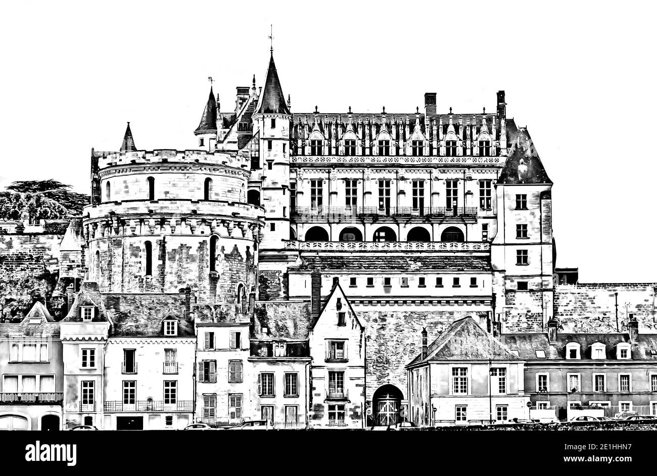 Château d'Amboise dans la vallée de la Loire, région de Touraine, France - série d'illustrations de style peint vintage, style dessin au crayon. Banque D'Images