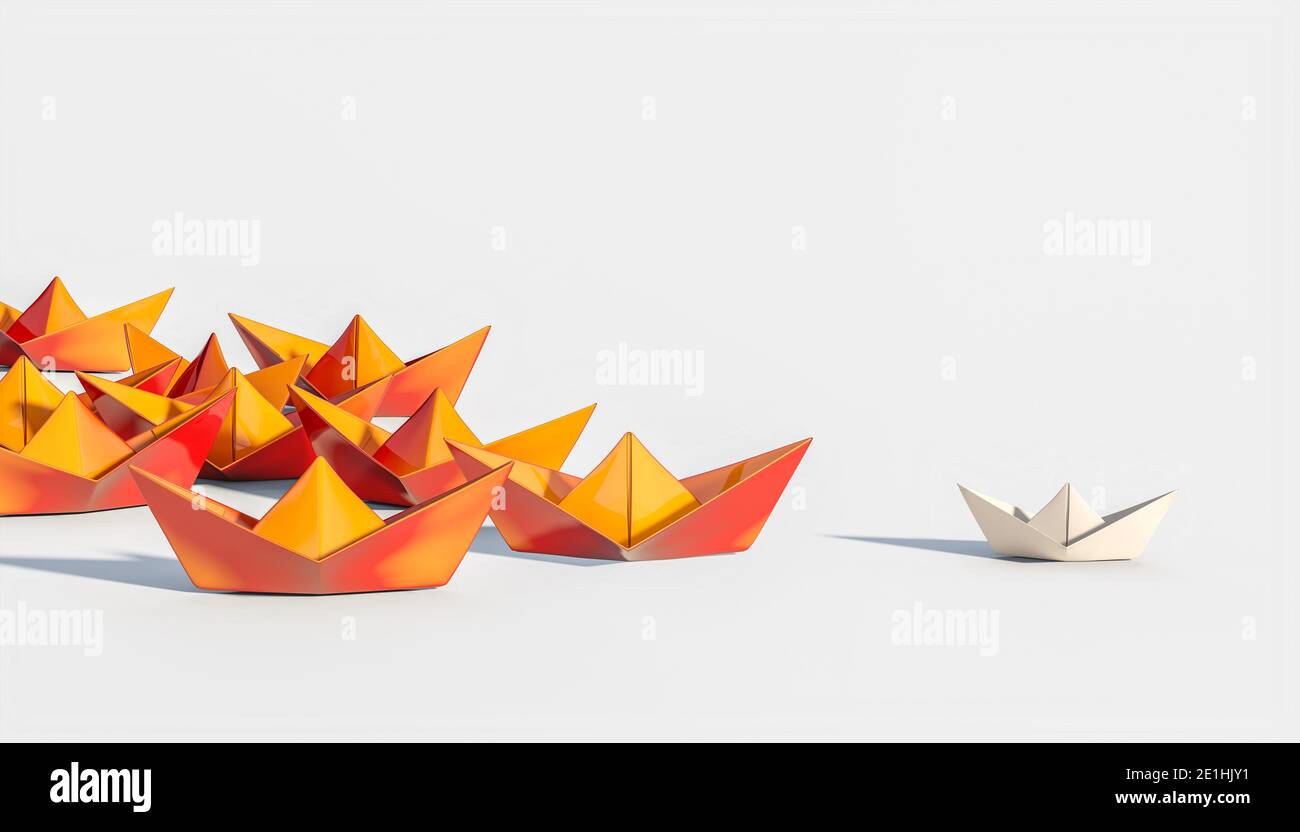 les bateaux orange suivent un bateau en papier. rendu 3d. concept de leadership Banque D'Images