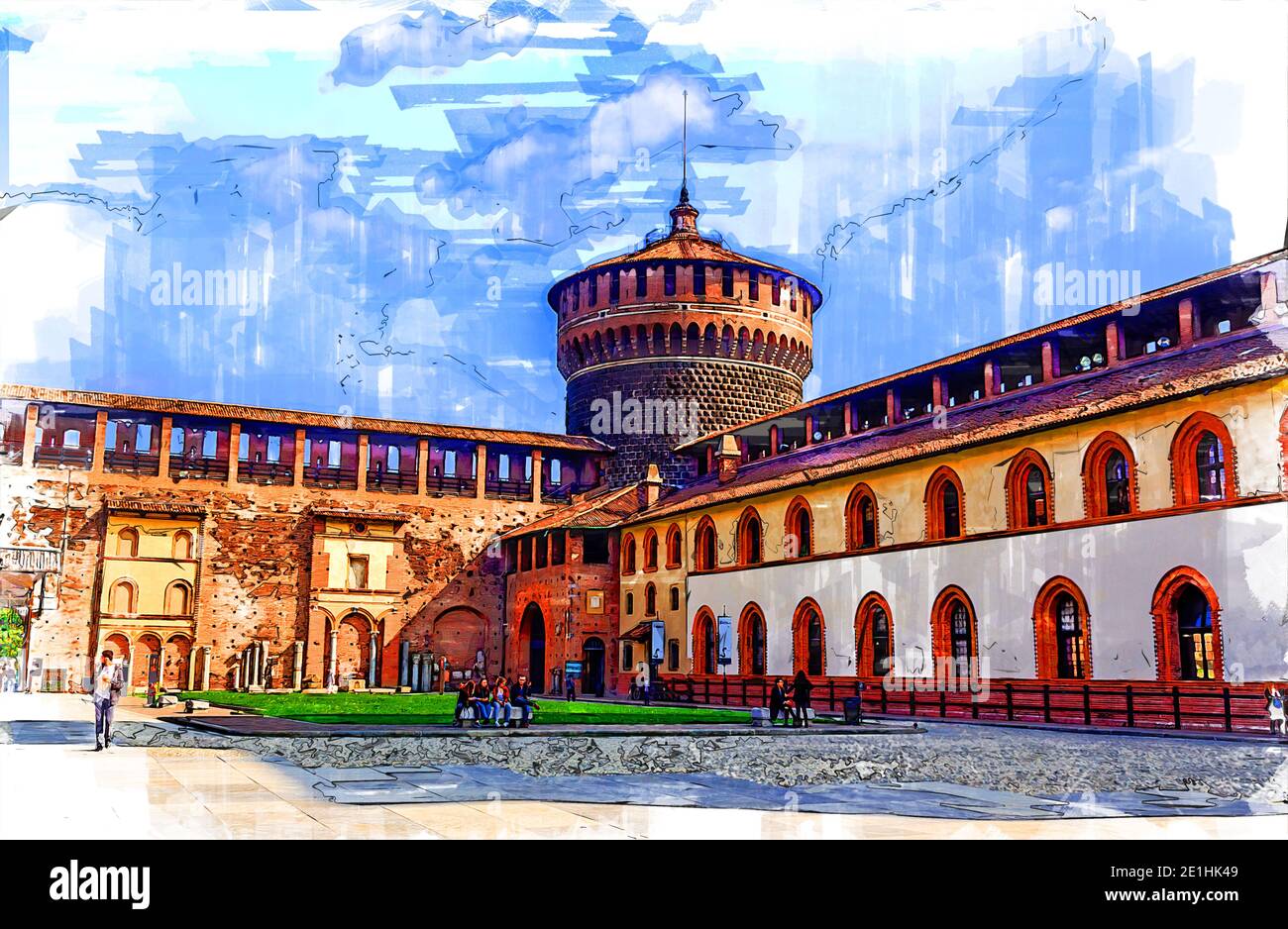 Ancien château médiéval de Sforza Castello Sforzesco, Milan, Italie. Illustration de l'esquisse. Banque D'Images