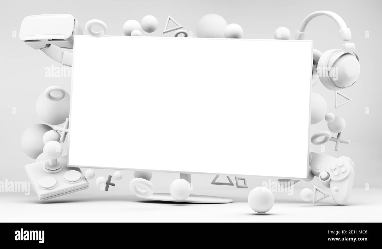 Maquette d'écran d'ordinateur avec équipement de jeux vidéo rendu 3d flottant Banque D'Images