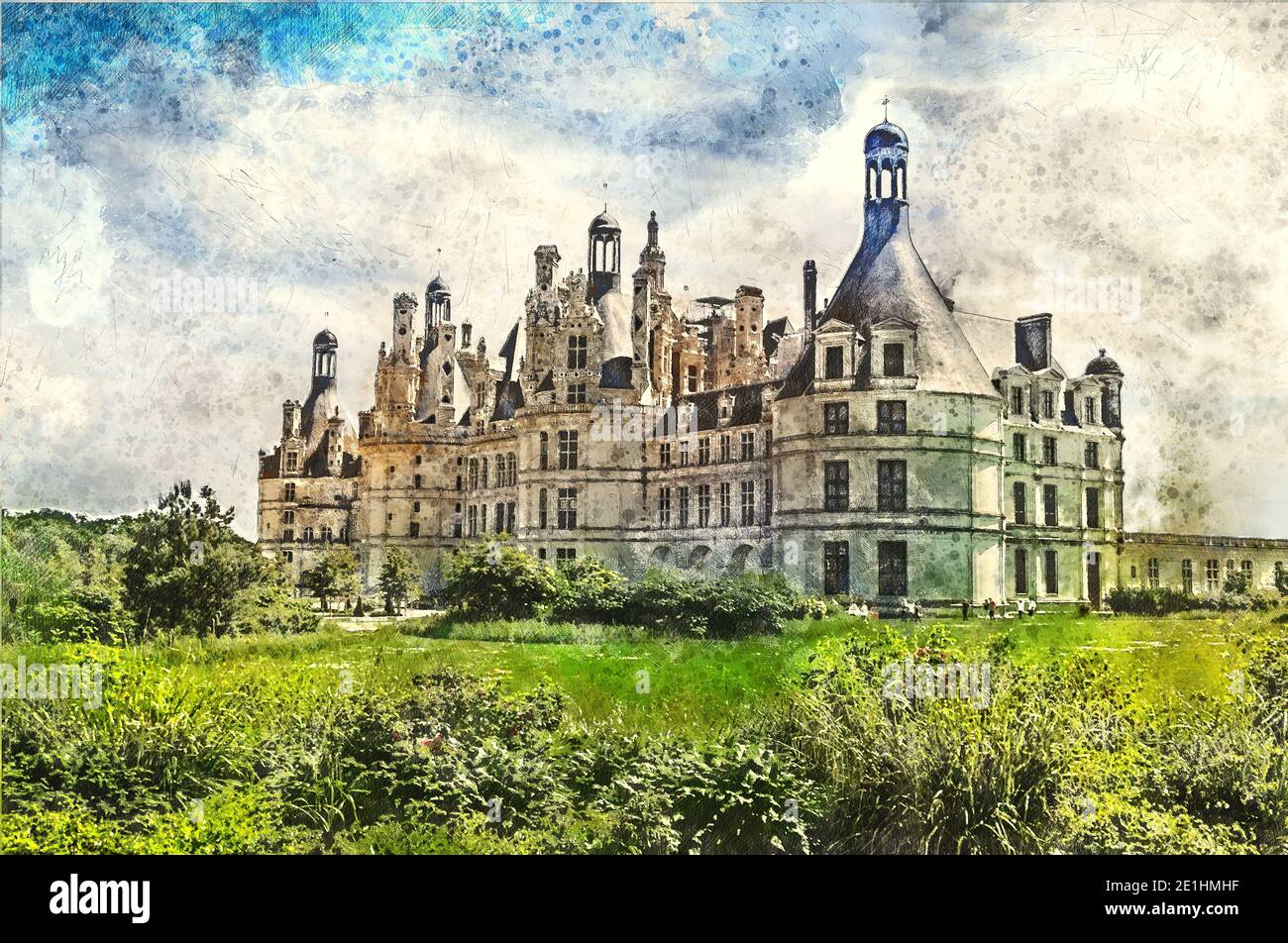 Beau vieux château de chambord - vallée de la Loire. Illustration de style aquarelle. Banque D'Images