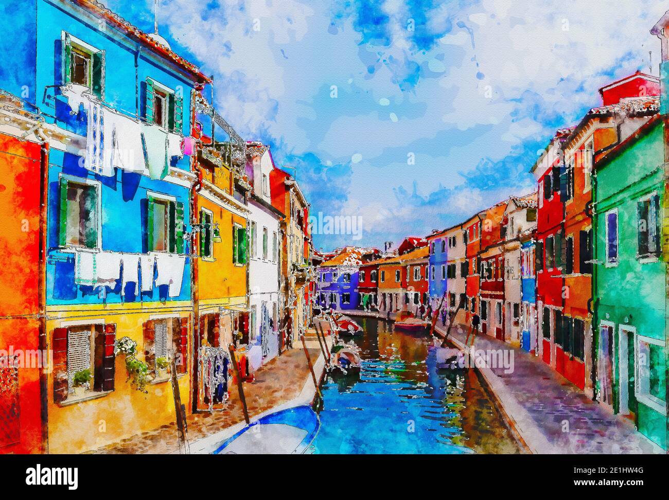 Maisons colorées sur Burano, île dans la lagune vénitienne. Italie. Style Aquaelle (aquarelle). Banque D'Images