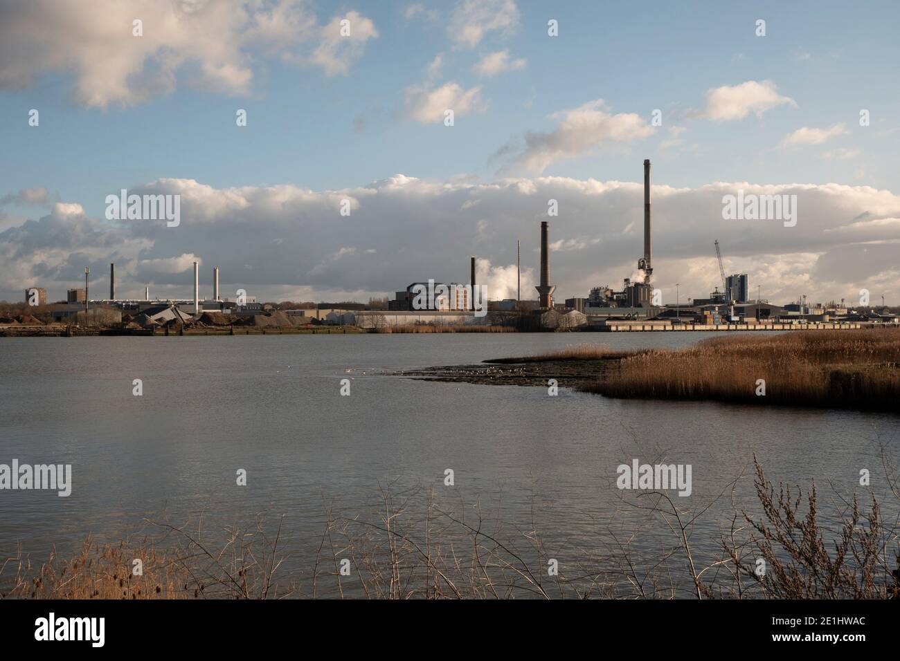 Kruibeke, Belgique 25 décembre 2020, site de l'industrie et du déchargement des conteneurs sur les rives de l'Escaut à Hoboken, Belgique Banque D'Images
