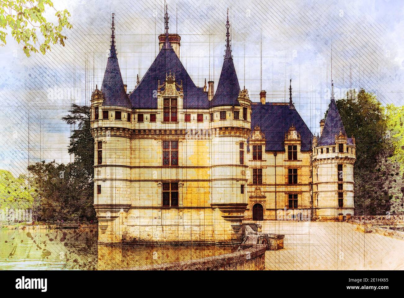 Magnifique château 'Château d'Azay le Rideau' Val de Loire, France - croquis en aquarelle Banque D'Images