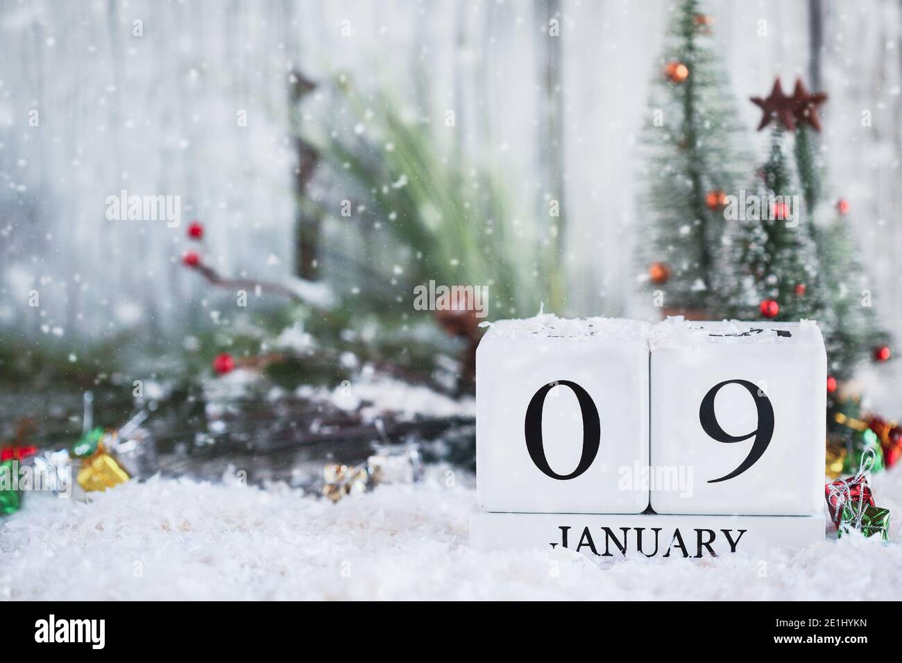 Blocs de calendrier en bois blanc avec la date du 9 janvier pour la Journée nationale d'appréciation des forces de l'ordre avec neige. Mise au point sélective avec arrière-plan flou. Banque D'Images