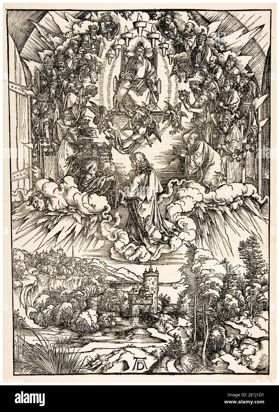 Albrecht Dürer, l'Apocalypse : Saint Jean devant Dieu et les anciens, imprimé bois, 1498 Banque D'Images