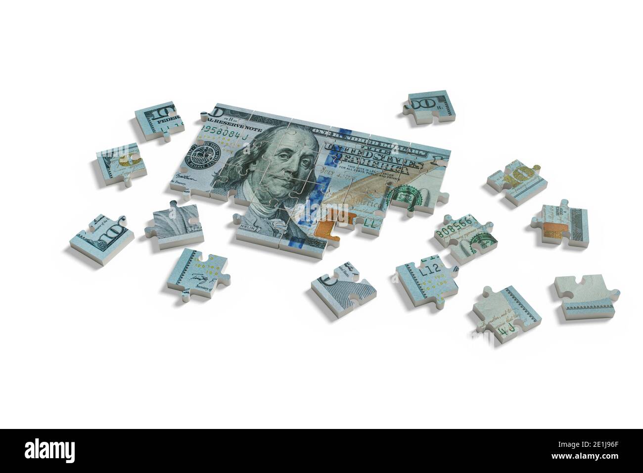 Un puzzle cent Dollar Bill isolé sur fond blanc. illustration 3d. Banque D'Images