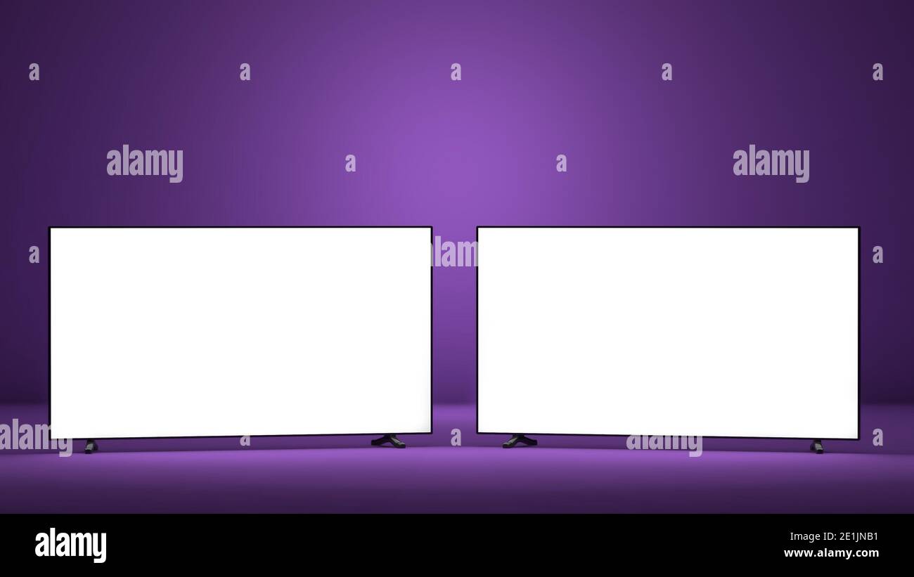 Deux téléviseurs avec écrans blancs sur fond violet, concept de maquette, illustration 3d Banque D'Images