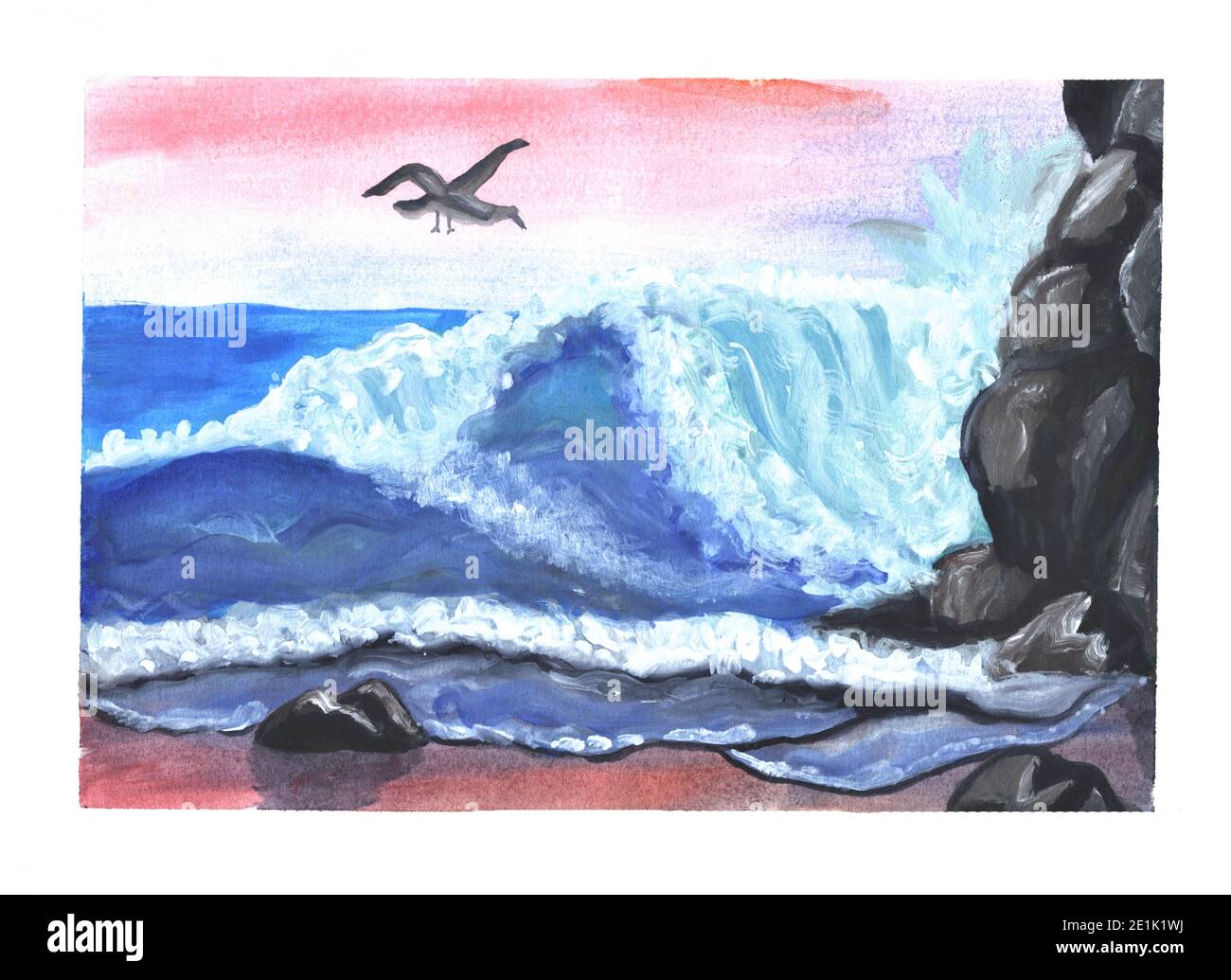 Peinture de mer avec acrylique, gouache. Arrière-plan sur toile avec un  oiseau, coucher de soleil en soirée, mer, rochers, dessiné à la main Photo  Stock - Alamy