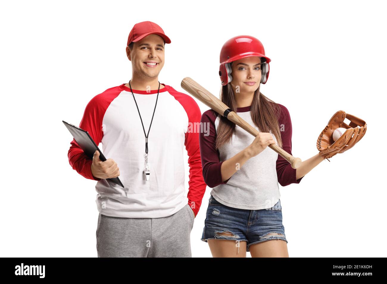 Entraîneur de baseball et une jeune femme avec une batte et gant isolé sur fond blanc Banque D'Images