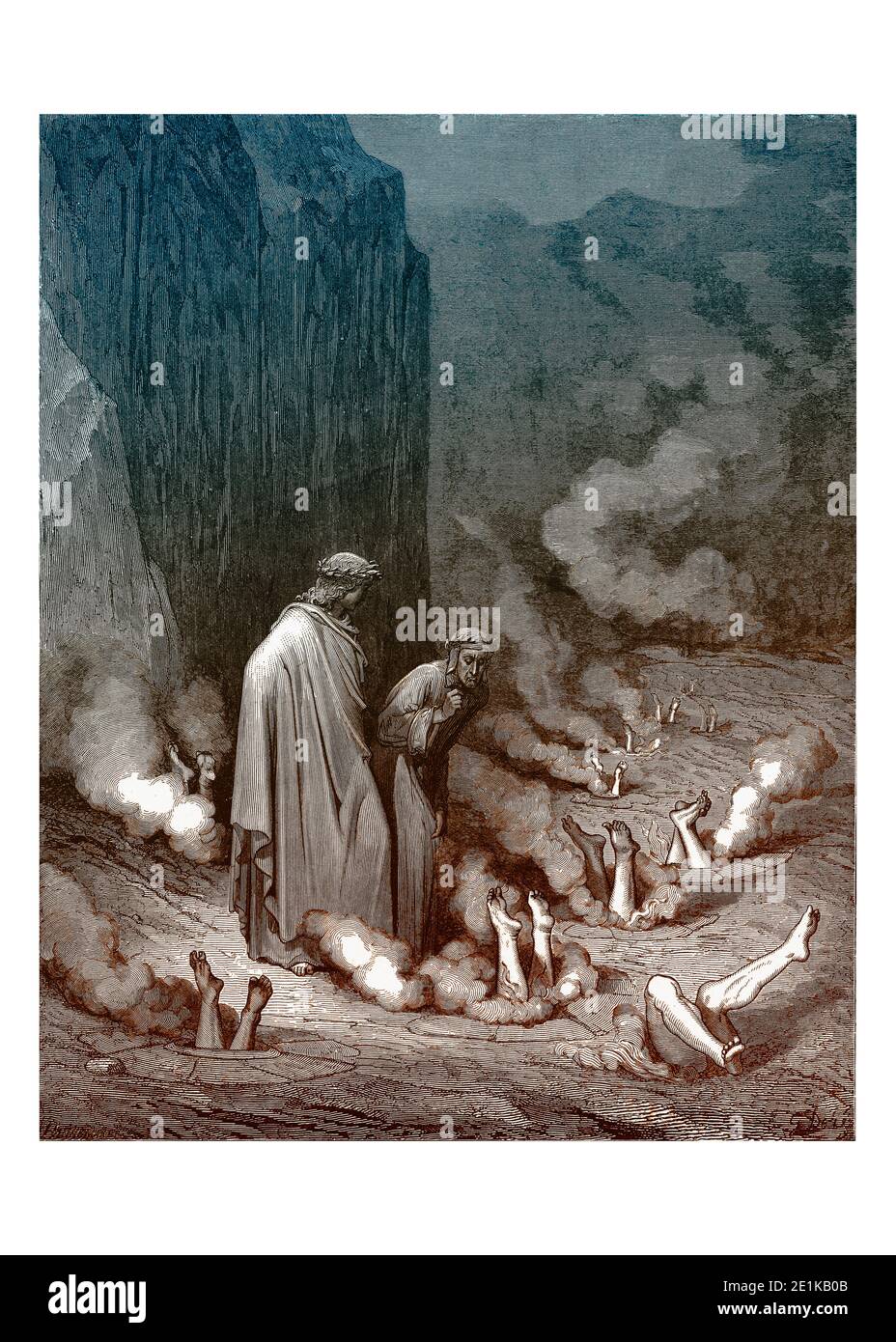 La punition des Simonistes, la représentation de l'Enfer de la Divine Comédie, Inferno de Dante, faite par Gustave Dore en 1880 originale en noir et blanc, couleur ajoutée numériquement Banque D'Images