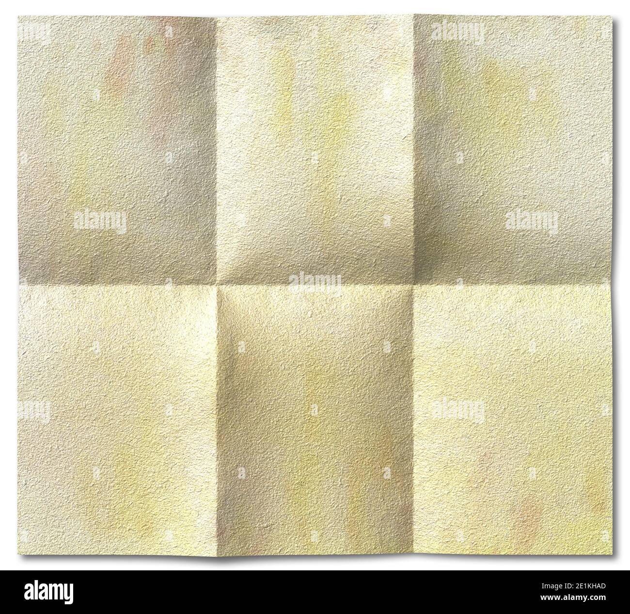 Papier jaune plié.texture du papier froissé. Arrière-plan blanc. Feuille blanche de papier froissé vide. Surface de la lettre vierge déchirée. Banque D'Images