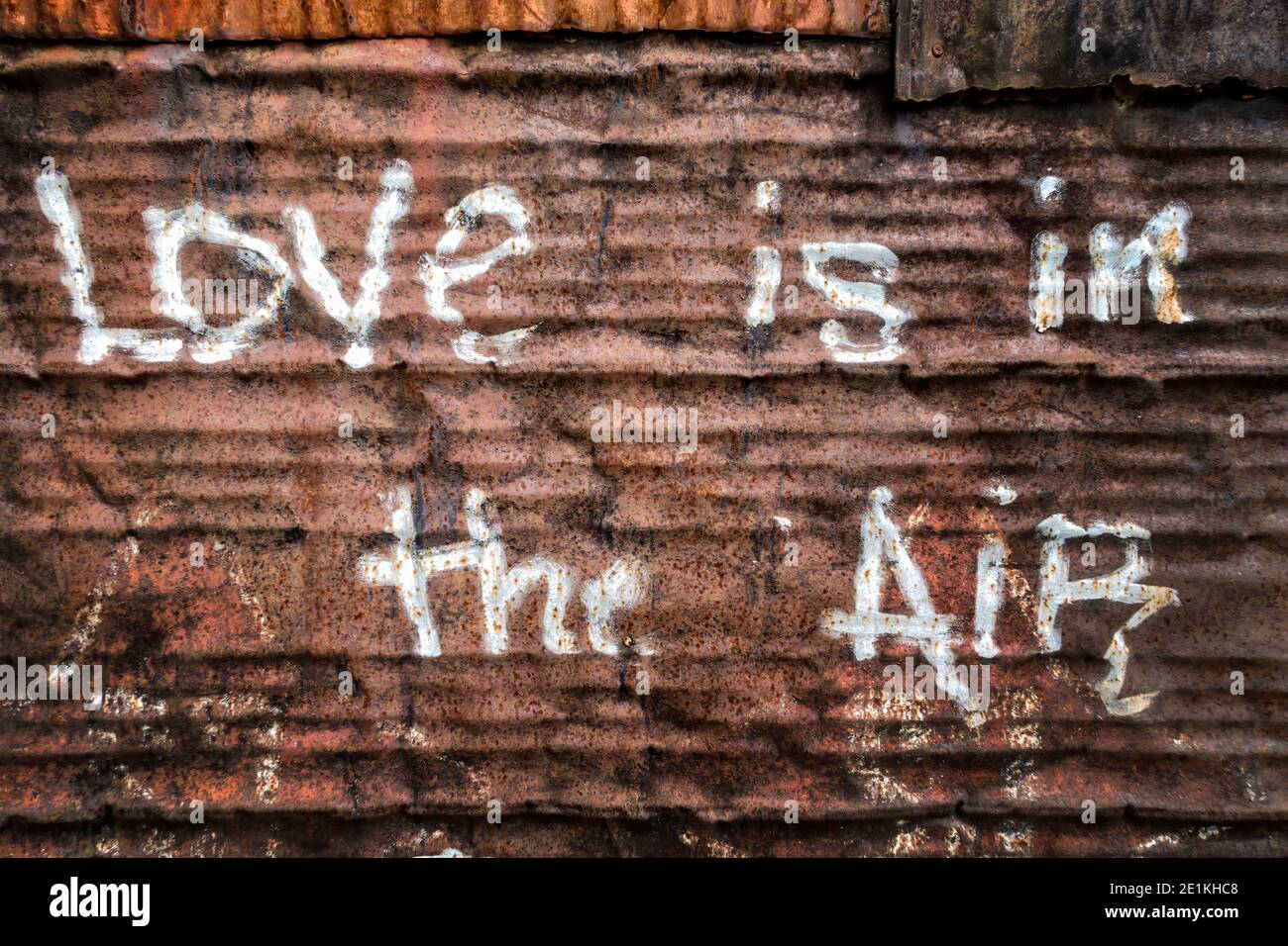 porte rouillée en fer ondulé avec un message écrit d'amour est dans l'air Banque D'Images porte rouillée en fer ondulé avec un message écrit d'amour est dans l'air Banque D'Images