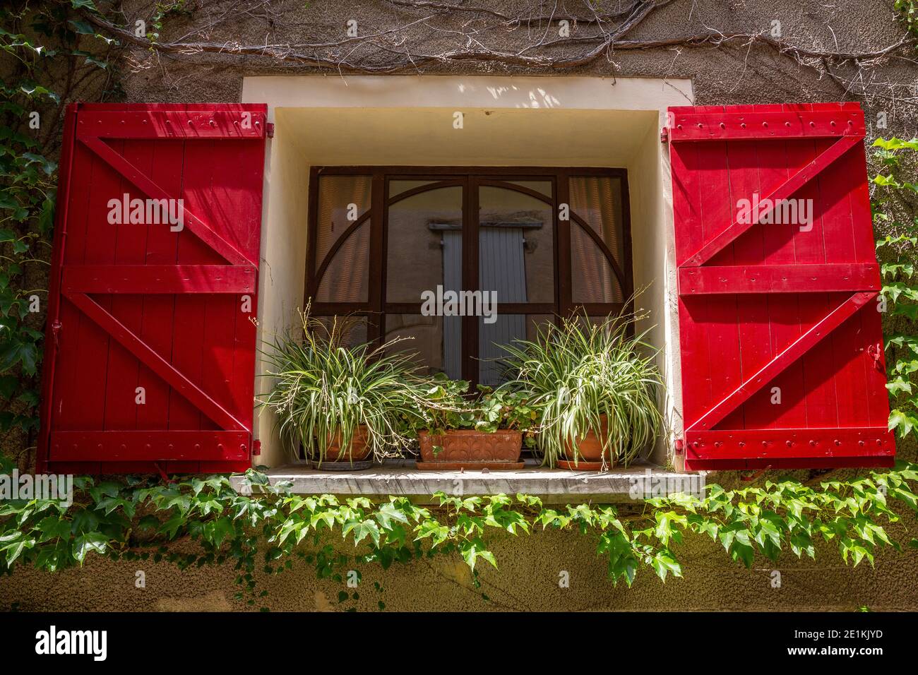 Fenêtres à volets rouges et plantes araignées sur un rebord de fenêtre Dans une ferme typiquement française en Provence Banque D'Images