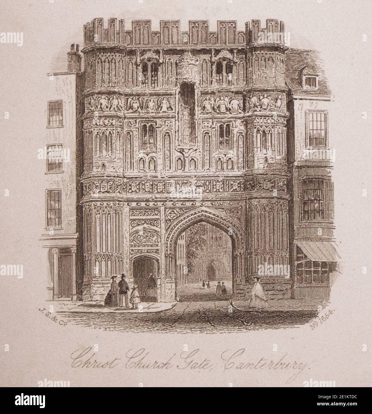 Gravure ancienne de la porte de Christ Church. Canterbury, Angleterre. Le 19e siècle Banque D'Images