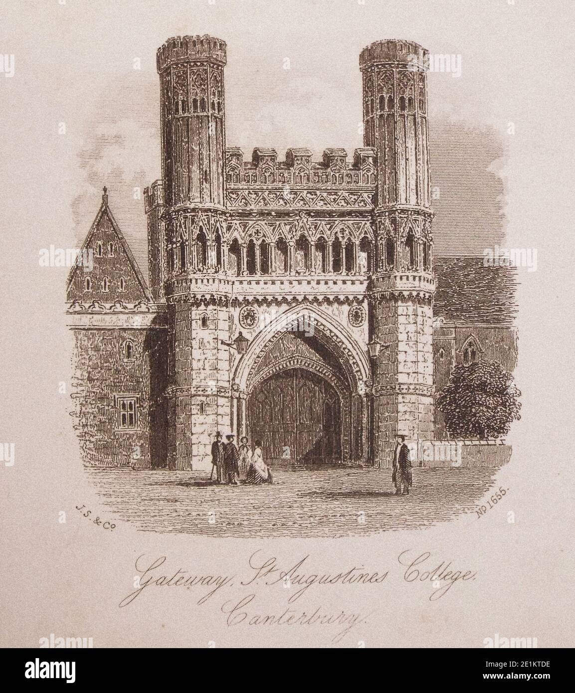 Gravure ancienne de la porte d'entrée du Collège Saint-Augustins. Canterburry, Angleterre. Le 19e siècle Banque D'Images