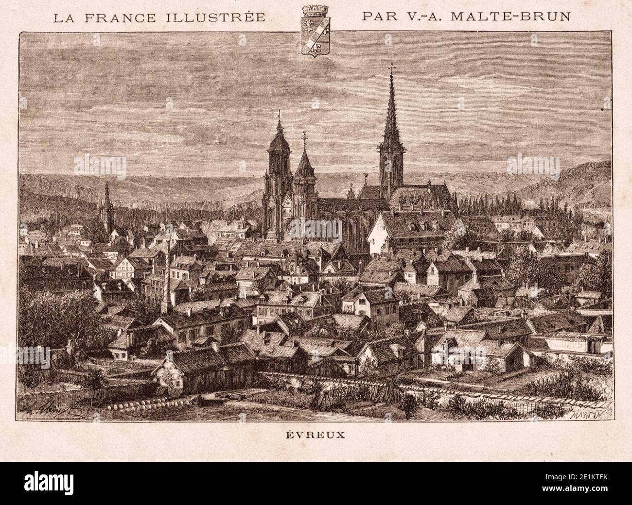 Evreux vue ancienne, France. Gravure ancienne du XIXe siècle Banque D'Images