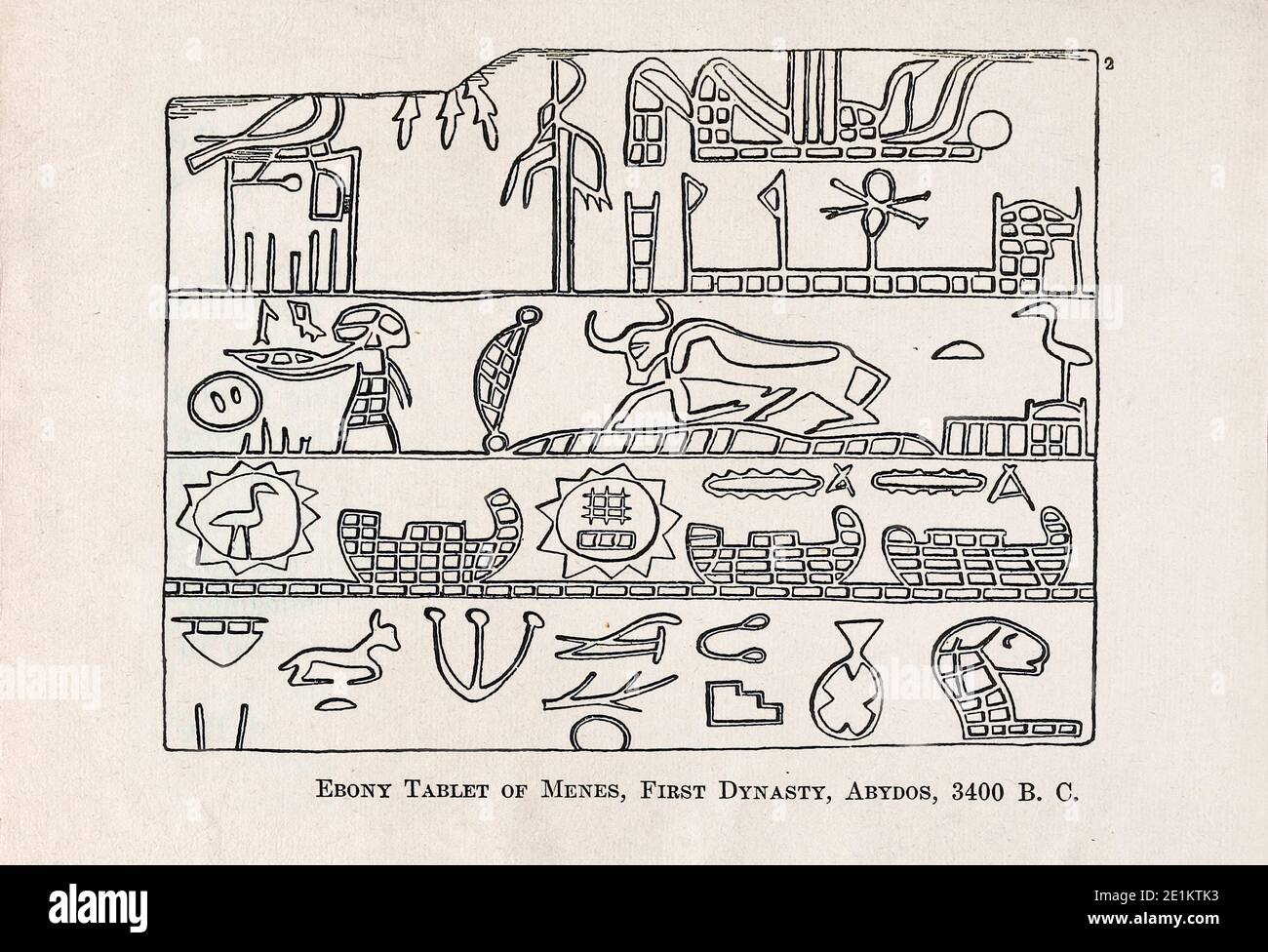Gravure de l'Égypte ancienne. Ebony Tablet of Menes, première dynastie, Abydos, 3400 B. C, un des plus anciens exemples connus de hiéroglyphes. Rangée supérieure : à Banque D'Images