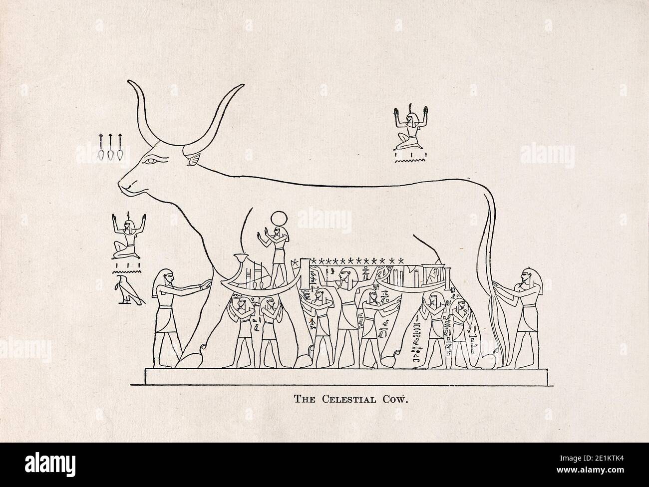 Gravure de l'Égypte ancienne. Le vieux royaume. La vache céleste. Divers genii soutiennent ses membres, tandis qu'au milieu, Shu, le dieu de l'atmosphère Banque D'Images