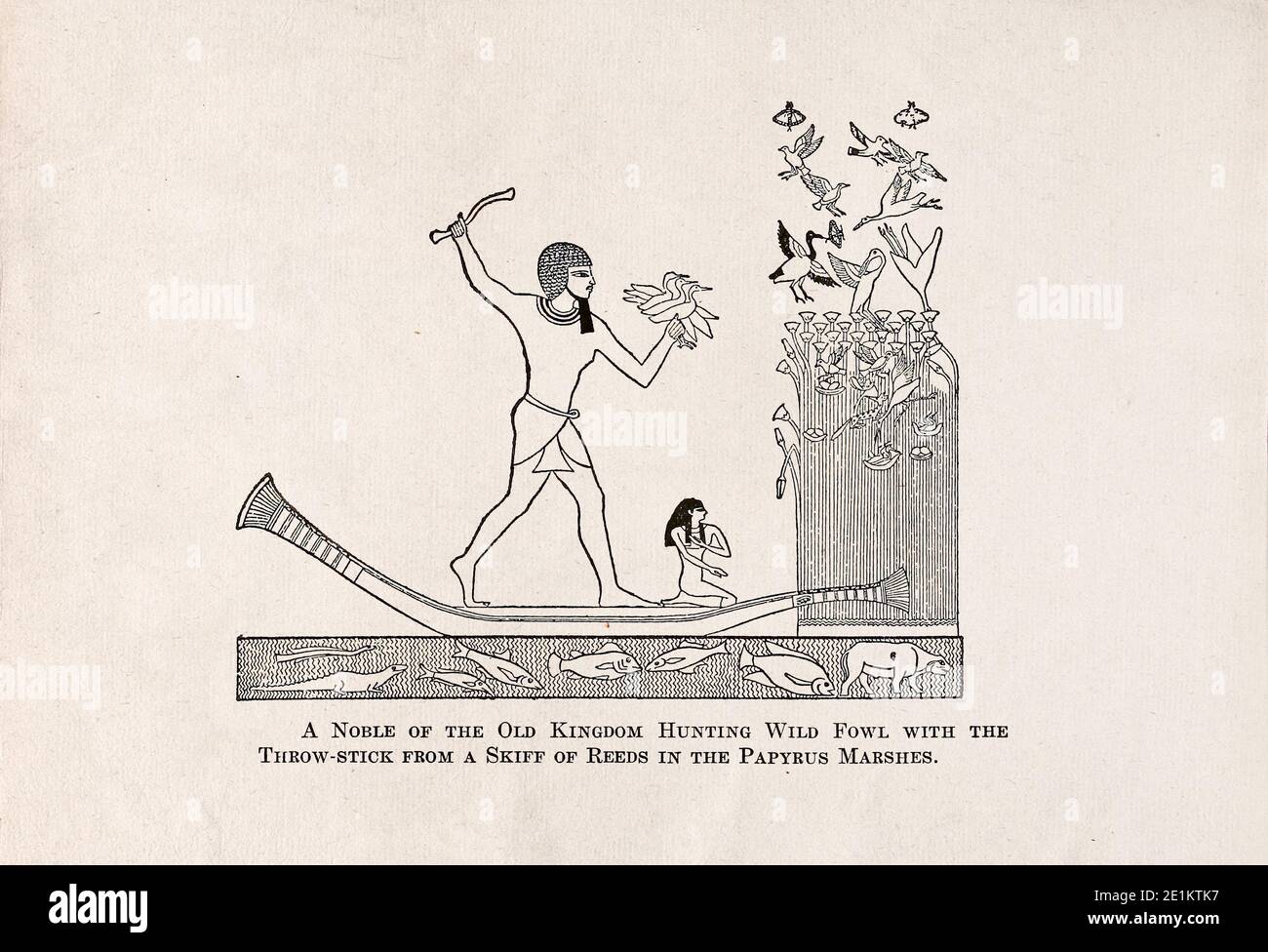 Égypte ancienne. Un Noble de l'ancien Royaume chassé de la chouette sauvage avec le levier d'un Skiff de Reeds dans les marais de Papyrus. c. 2686–2181 C.-B. Banque D'Images